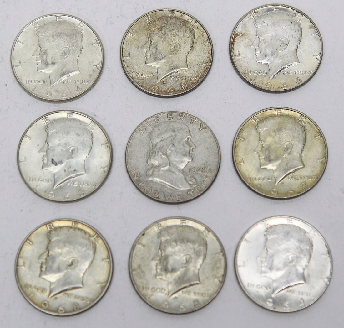 Lot of 9 U.S. Half Dollars Including Franklin & Kennedy Silver Coins (1 of 2)