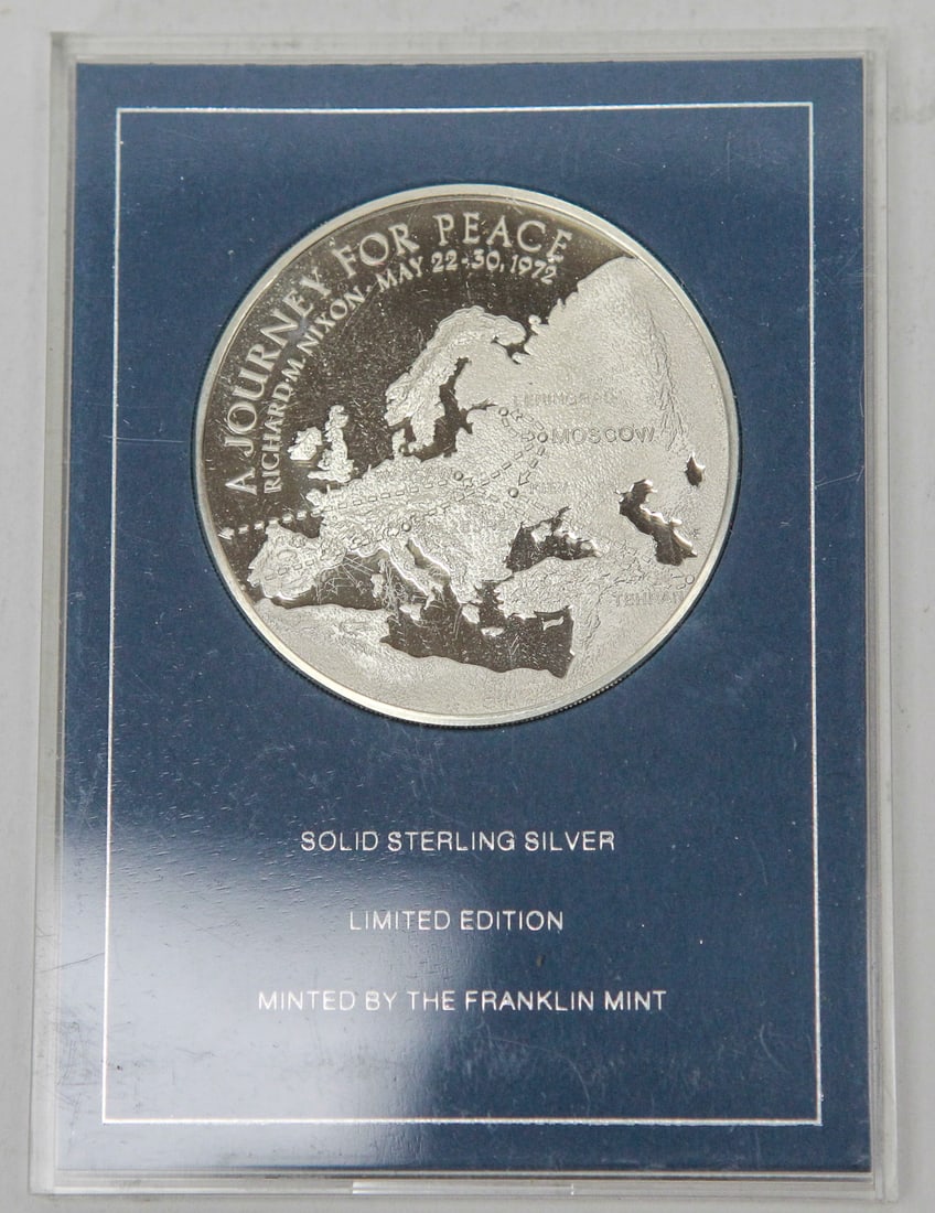 Franklin Mint Presidential Journey to Russia Eyewitness Sterling Silver Limited Edition Medal: Limited edition Franklin Mint Presidential Journey to Russia Eyewitness Medal struck in solid sterling silver and preserved in its original presentation holder. The obverse depicts a map of Europe