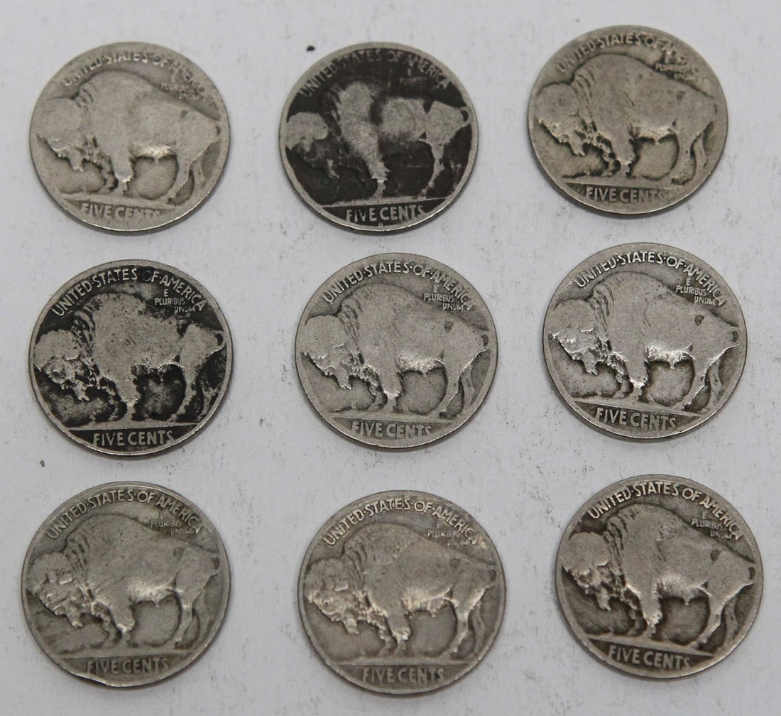 Lot of 9 United States Buffalo Nickels 1926 to 1937: Collection of nine United States Buffalo nickels featuring the classic James Earle Fraser design with the Native American portrait on the obverse and American bison on the reverse. Dates visible in