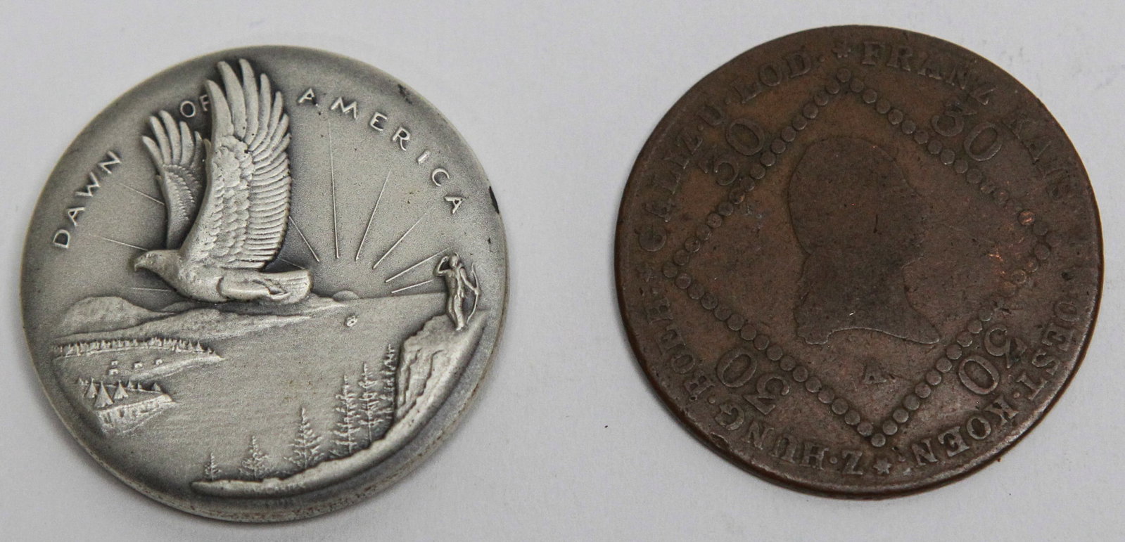 Maine Sesquicentennial Medal with 1760 Austrian 30 Kreuzer Coin: Interesting numismatic pairing featuring a modern Maine Sesquicentennial commemorative medal together with an original Austrian 30 Kreuzer copper coin dated 1760. The Maine medal depicts the state's