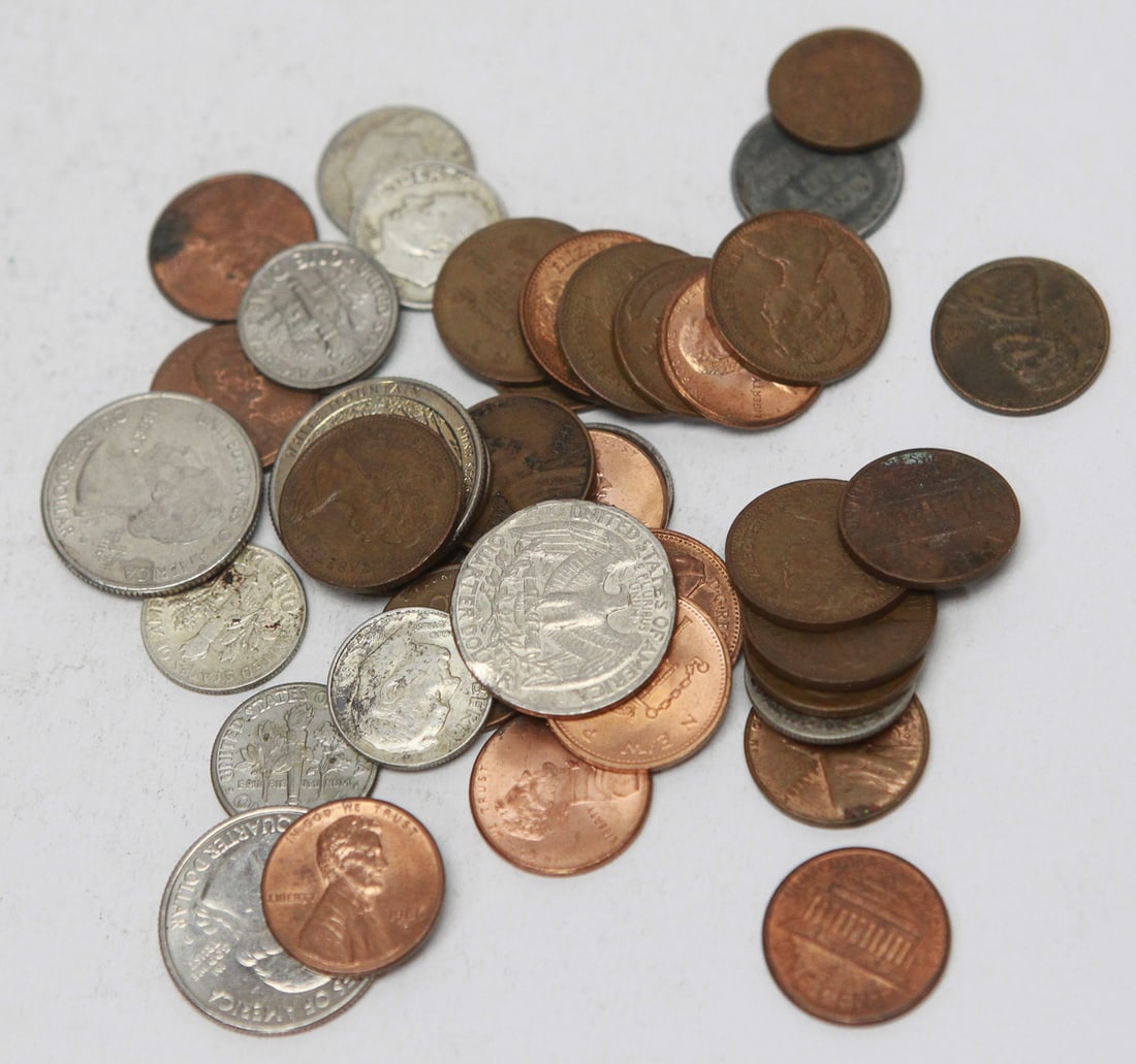 Lot of 40 Assorted United States Coins: Lot of approximately 40 assorted United States coins featuring a mix of Lincoln cents (including several Wheat cents), Jefferson nickels, Roosevelt dimes, Washington quarters, Kennedy half dollars,