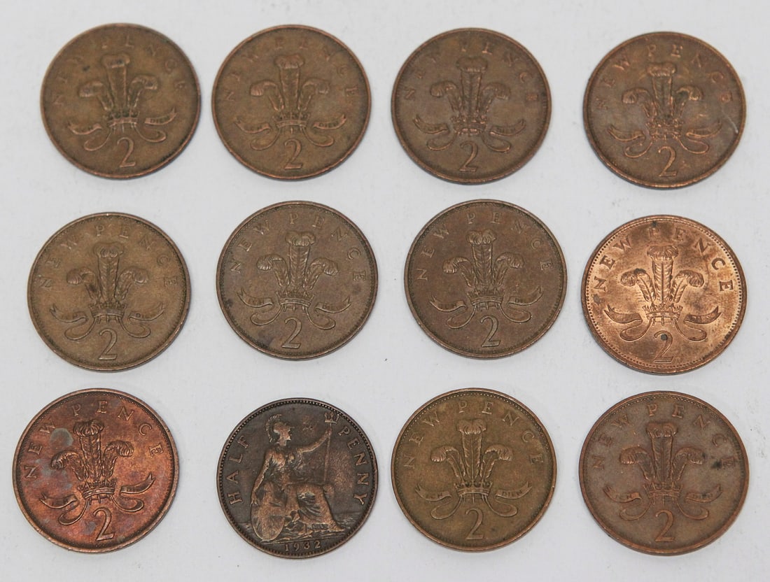 Lot of 12 Vintage Great Britain New Pence Coins: Lot of 12 vintage British New Pence coins, primarily 2 Pence pieces featuring the Prince of Wales feathers reverse and portraits of Queen Elizabeth II on the obverse, along with one 1932 George V