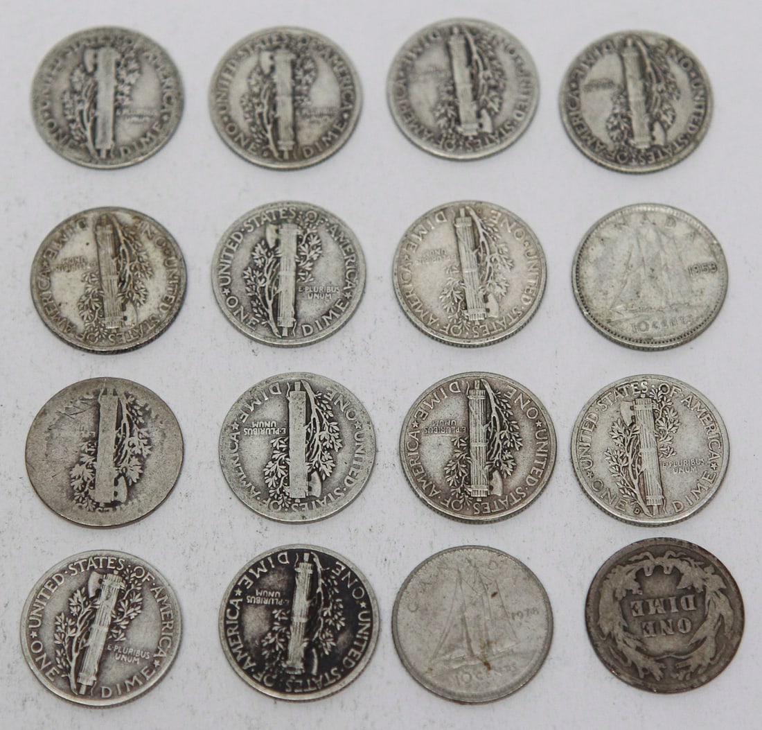Lot of 16 Silver Coins Including U.S. Mercury Dimes: Lot of 16 silver coins featuring a group of United States Mercury dimes dated primarily from the 1940s, several Canadian silver dimes, two Canadian silver 10-cent coins with the Bluenose schooner