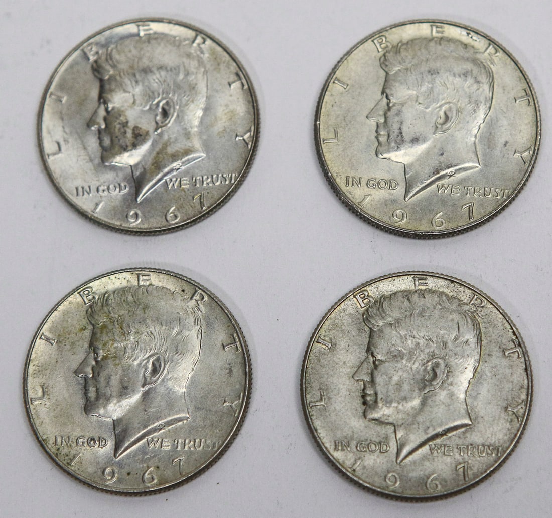Lot of 4 Kennedy Half Dollars – 1967 U.S. 40% Silver Half Dollar Coins: Lot of four (4) United States Kennedy Half Dollar coins, all dated 1967. These half dollars were struck in 40% silver and feature the portrait of President John F. Kennedy on the obverse and the
