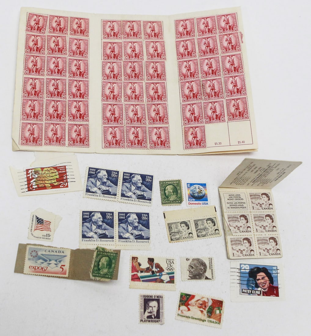 Assorted U.S. & Canadian Postage Stamps Including Plate Blocks, Booklets and Singles: Collection of assorted United States and Canadian postage stamps featuring a variety of commemorative and definitive issues. Highlights include a large partial sheet of U.S. 10¢ Daniel Boone stamps,