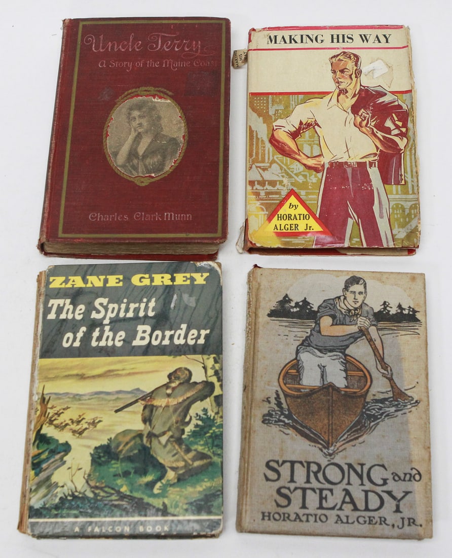 Lot of 4 Vintage Hardcover Adventure and Juvenile Fiction Books: Collection of assorted United States and Canadian postage stamps featuring a variety of commemorative and definitive issues. Highlights include a large partial sheet of U.S. 10¢ Daniel Boone stamps,
