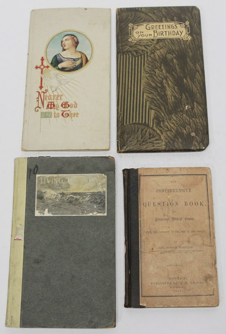 Lot of 4 Antique Religious, Gift, and Educational Hardcover Books: Collection of four antique and vintage hardcover books including The Comprehensive Question Book on Prominent Biblical Events by Rev. Joseph Banvard (Boston: A.F. Graves, 1858), Living Teachers by