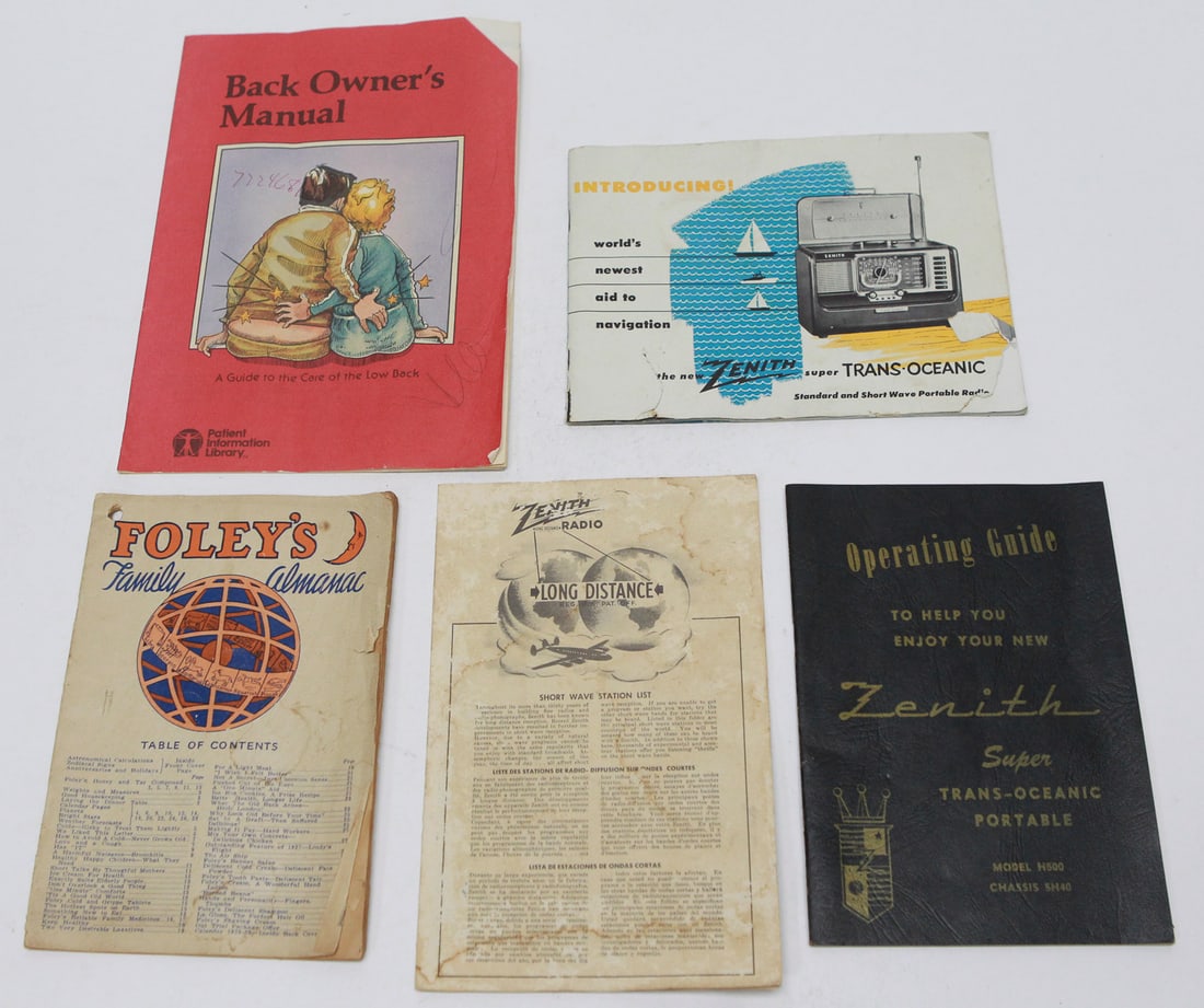 Lot of Vintage Zenith Radio Manuals, Foley's Almanac, and Miscellaneous Ephemera: Group of five vintage paper items including two Zenith Super Trans-Oceanic portable radio publications (an operating guide for Model H500/Chassis 5H40 and an advertising brochure), a Zenith Radio