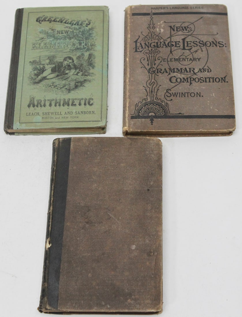 Lot of 3 Antique 19th Century Schoolbooks & Arithmetic Reference Books: Collection of three antique educational books dating to the mid-to-late 19th century. Includes Greenleaf's New Elementary Arithmetic by Benjamin Greenleaf (Leach, Shewell & Sanborn), New Language