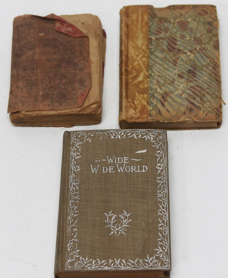 Lot of 3 Antique Books: Group of three antique hardcover books dating from the 19th and early 20th centuries. Included are The Wide, Wide World by Susan Warner (Vol. I), Poems by James Russell Lowell, and an early well-used