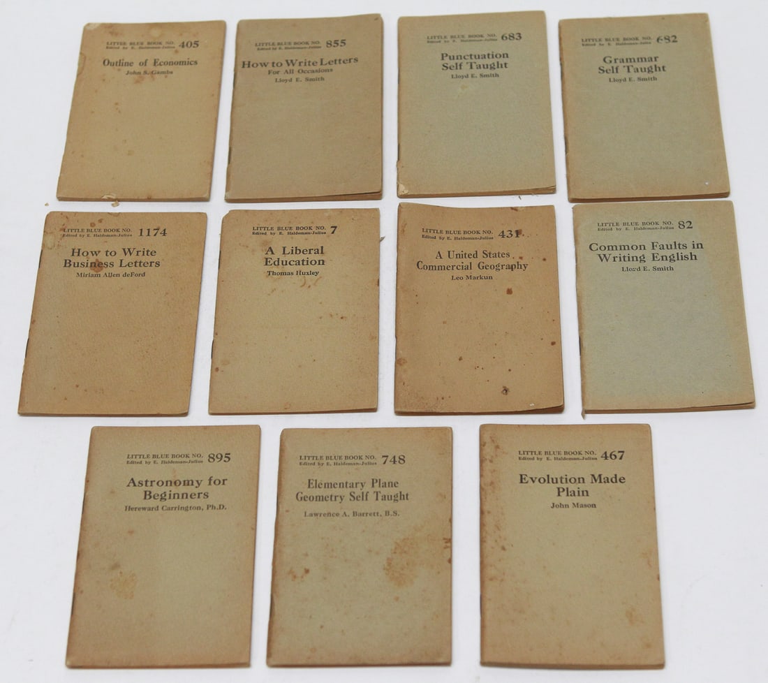 Lot of 11 Vintage Little Blue Books Educational: Collection of 11 vintage Little Blue Books published by E. Haldeman-Julius featuring a variety of educational, business, and self-improvement subjects. Titles include Outline of Economics, How to
