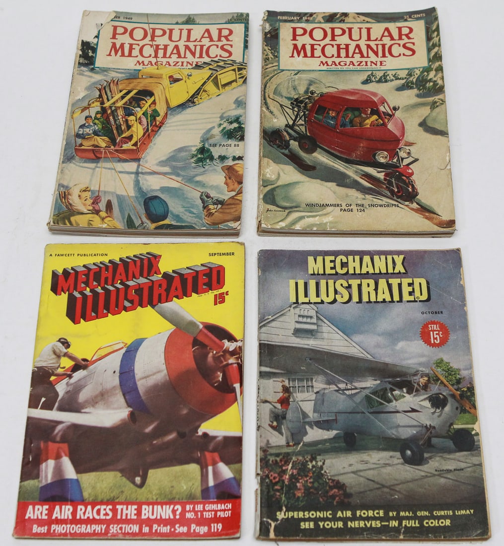Lot of 4 Vintage Popular Mechanics and Mechanix Illustrated Magazines: Lot of four vintage Popular Mechanics and Mechanix Illustrated magazines dating primarily from the late 1940s through the 1950s. These issues feature colorful illustrated covers highlighting