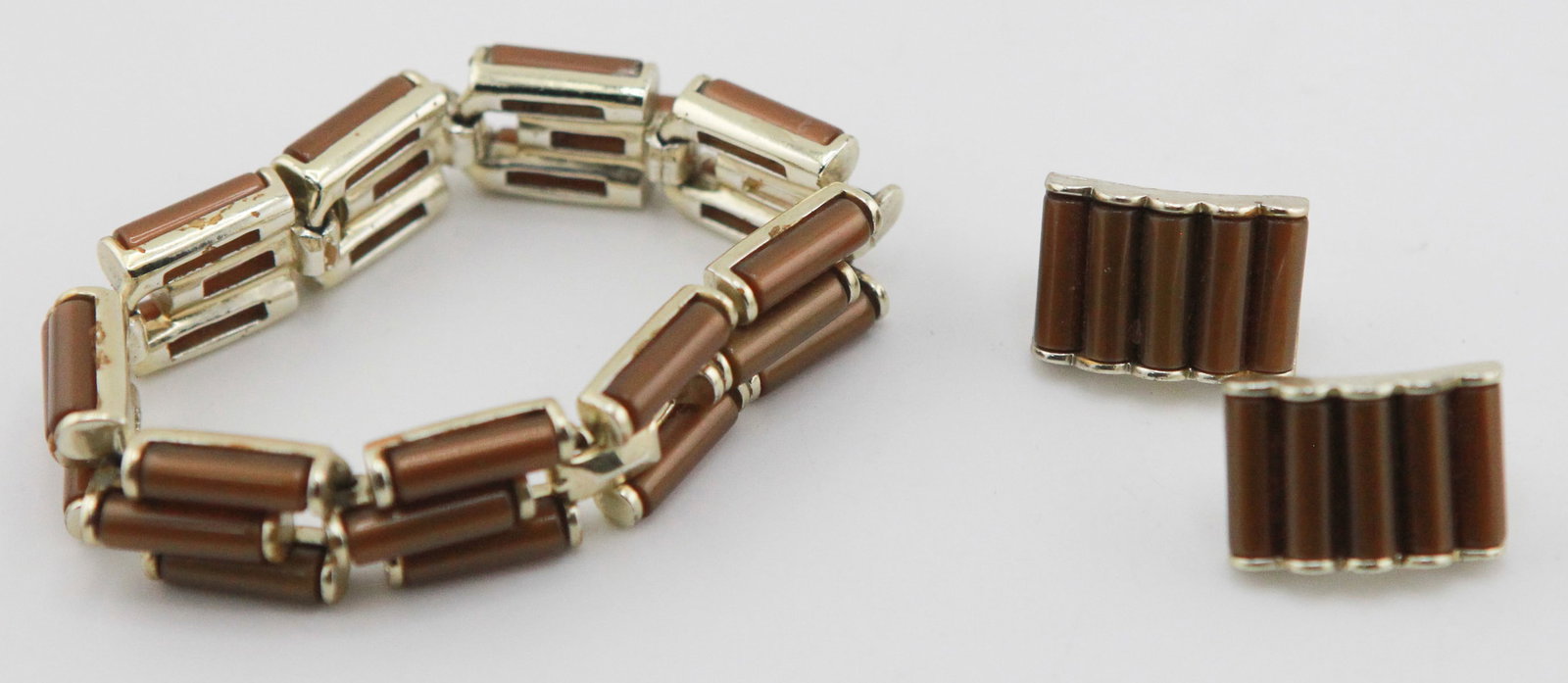 Charel Bracelet & Clip-On Earrings Costume Jewelry Set: Vintage Charel costume jewelry set including a silver-tone link bracelet with brown enamel accents and a matching pair of clip-on earrings. The earrings are signed Charel, and the coordinating bracele