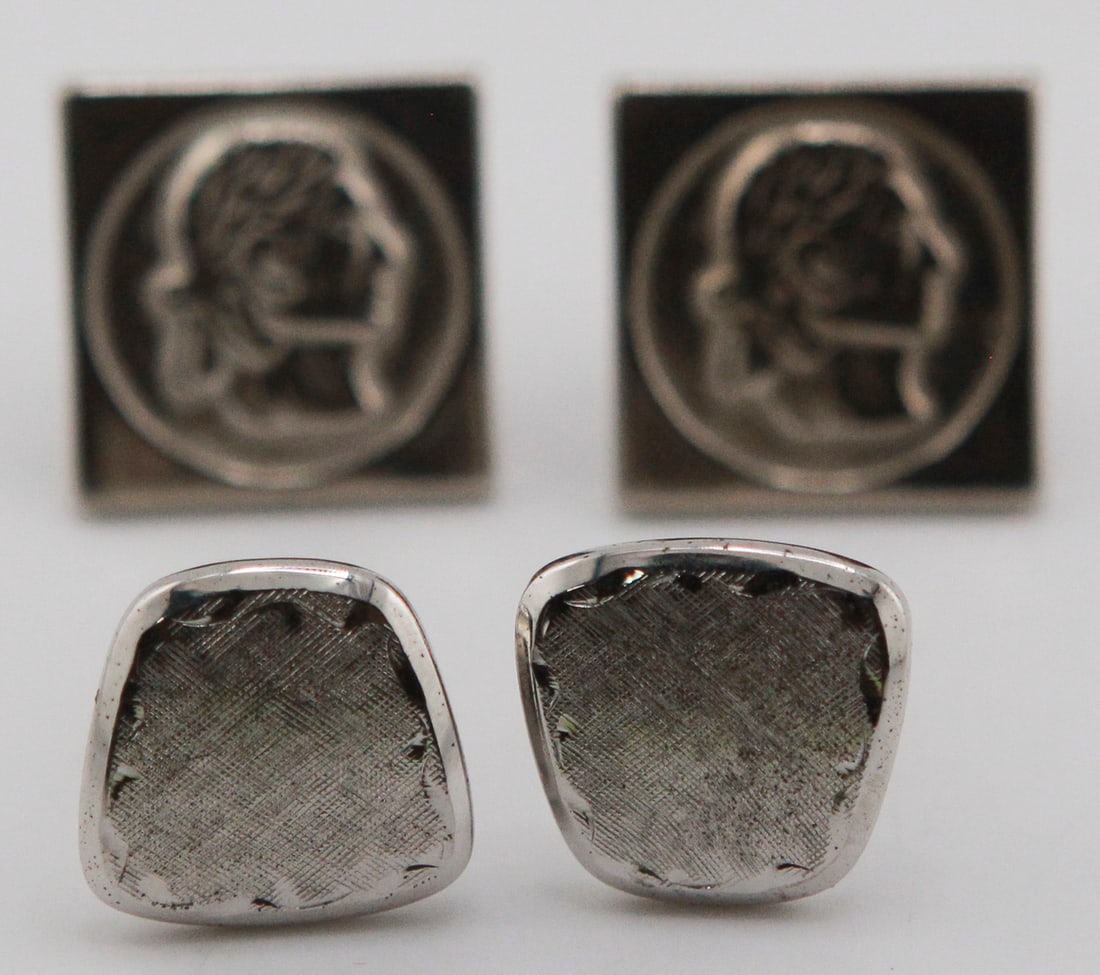 Pair of Sterling Silver Roman Profile Cufflinks: Pair of sterling silver cufflinks featuring raised Roman or classical profile medallions set within square frames. Clean mid-century modern design with swivel backs. Marked STERLING on the reverse. A 
