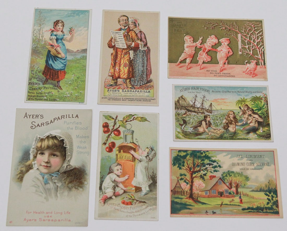 Collection of Seven Victorian Trade Advertising Cards: Collection of seven late 19th to early 20th century Victorian trade advertising cards, including examples for Dr. J.C. Ayer & Co. products such as Ayer's Cherry Pectoral, Ayer's Sarsaparilla, and Ayer