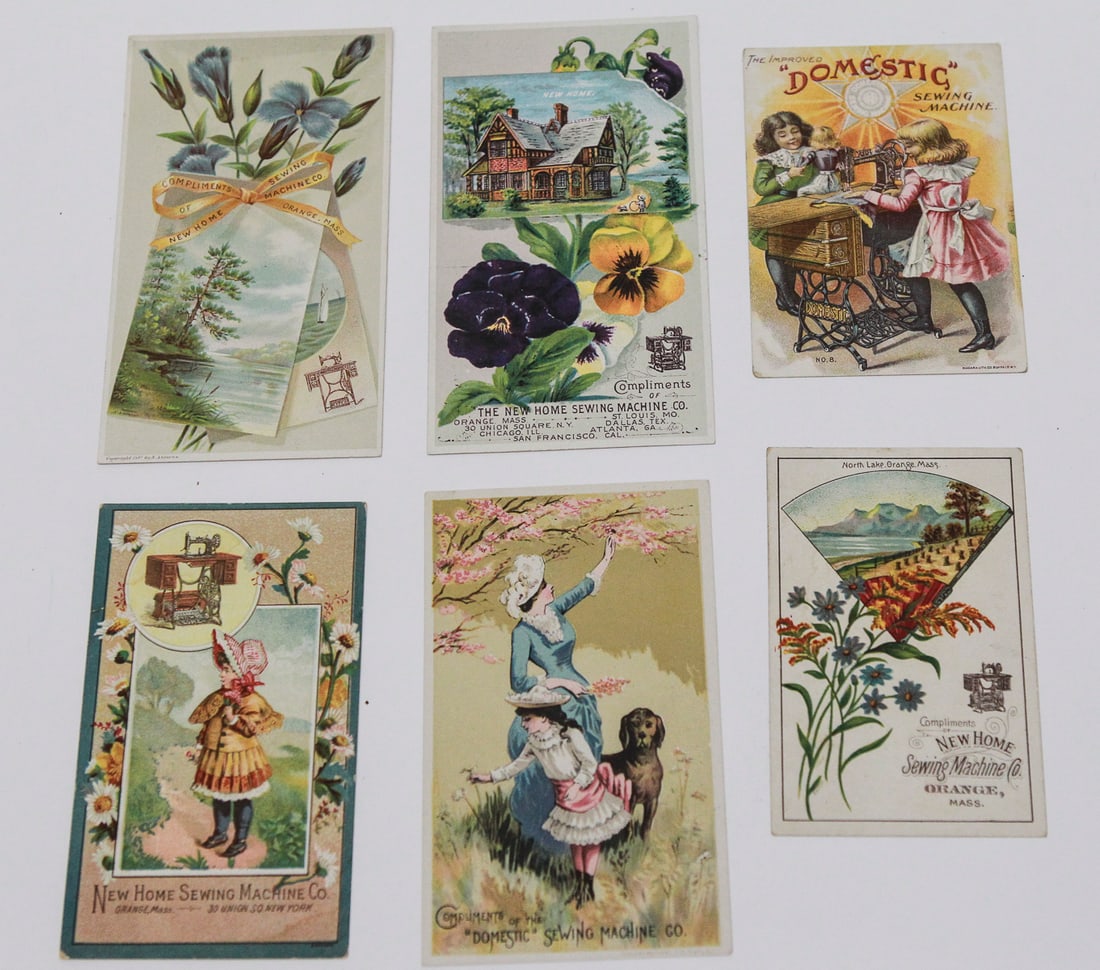 Lot of 6 Antique Victorian Sewing Machine Advertising Trade Cards: Collection of six antique late 19th-century Victorian advertising trade cards for the New Home Sewing Machine Co. of Orange, Massachusetts, and the Domestic Sewing Machine Co. Featuring colorful litho