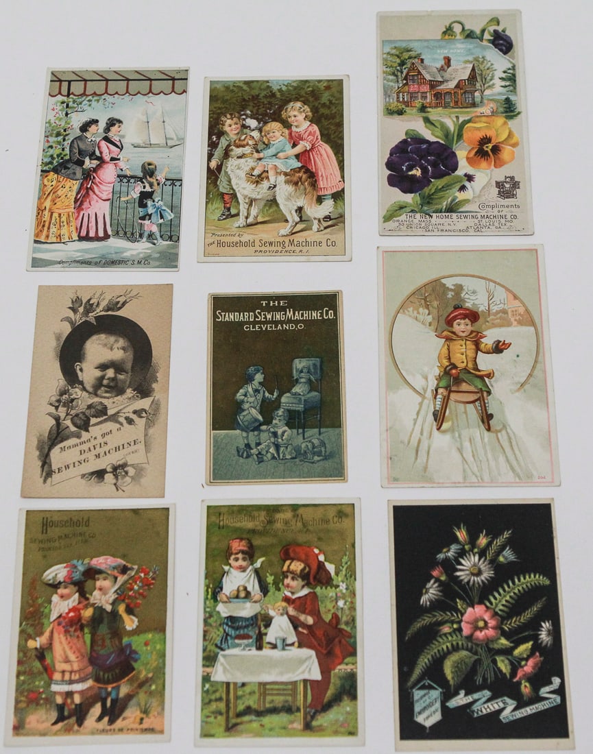 Lot of 9 Antique Victorian Sewing Machine Advertising Trade Cards, c. 1880s–1890s (1 of 2)