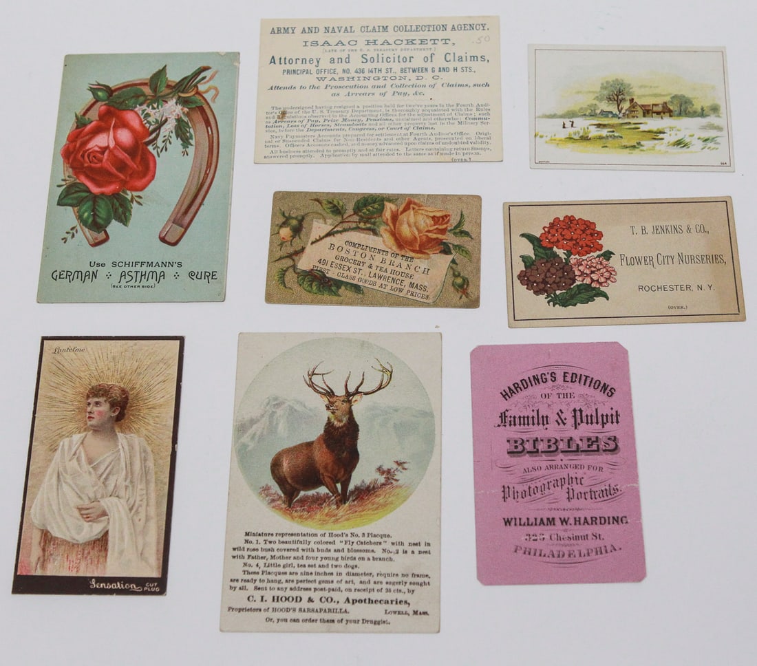Lot of 8 Victorian Advertising Trade Cards: Collection of eight late 19th-century advertising and illustrated trade cards, including Schiffmann’s German Asthma Cure, Hood’s Sarsaparilla, Sensation Cut Plug Tobacco, Boston Branch Grocery & T
