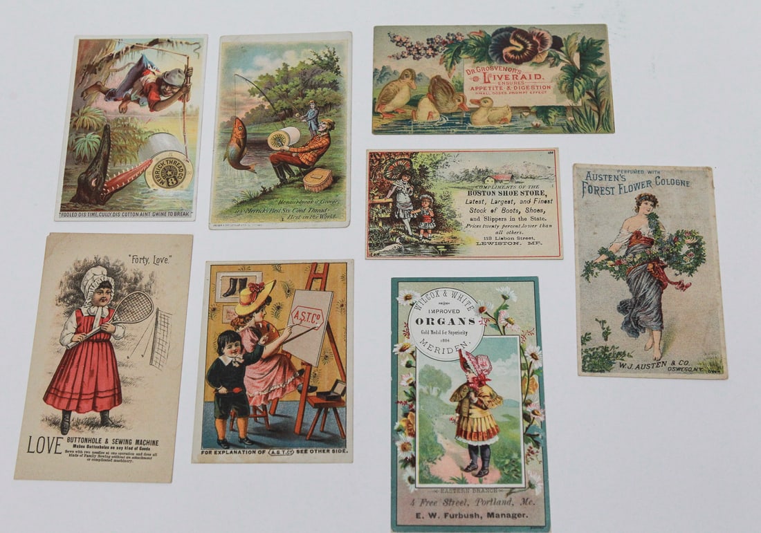 Lot of 8 Victorian Advertising Trade Cards: Collection of eight late 19th-century chromolithographed advertising cards, including Merrick Thread Co., Grosvenor’s Liver Aid, Wilcox & White Organs, Forest Flower Cologne, Boston Shoe Store, Love