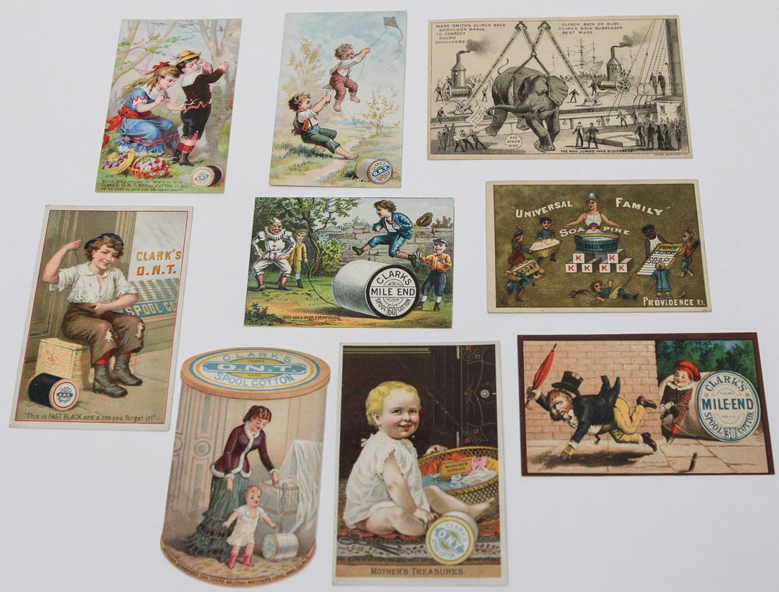 Lot of 9 Victorian Advertising Trade Cards: Collection of nine late 19th-century chromolithographed trade cards, primarily advertising Clark’s O.N.T. and Mile-End Spool Cotton. Also includes Smith’s Clinch Back Suspenders “Jumbo” el
