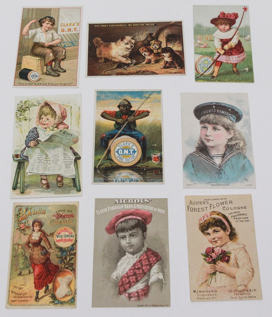 Lot of 9 Victorian Advertising Trade Cards: Collection of nine late 19th-century chromolithographed trade cards advertising Clark’s O.N.T. Spool Cotton, Hood’s Sarsaparilla, Hunt’s Remedy, Nichols’ Bark and Iron, Ball’s Corsets, Favor