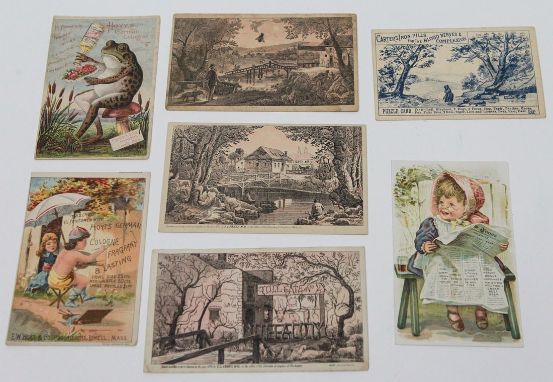 Lot of 7 Victorian Advertising and Puzzle Cards: Collection of seven late 19th-century trade cards, including Hoyt’s German Cologne, Carter’s Iron Pills, Favorite Cream Root Beer, and three Dr. E. C. Abbey “Toll Gate” hidden-picture puzz
