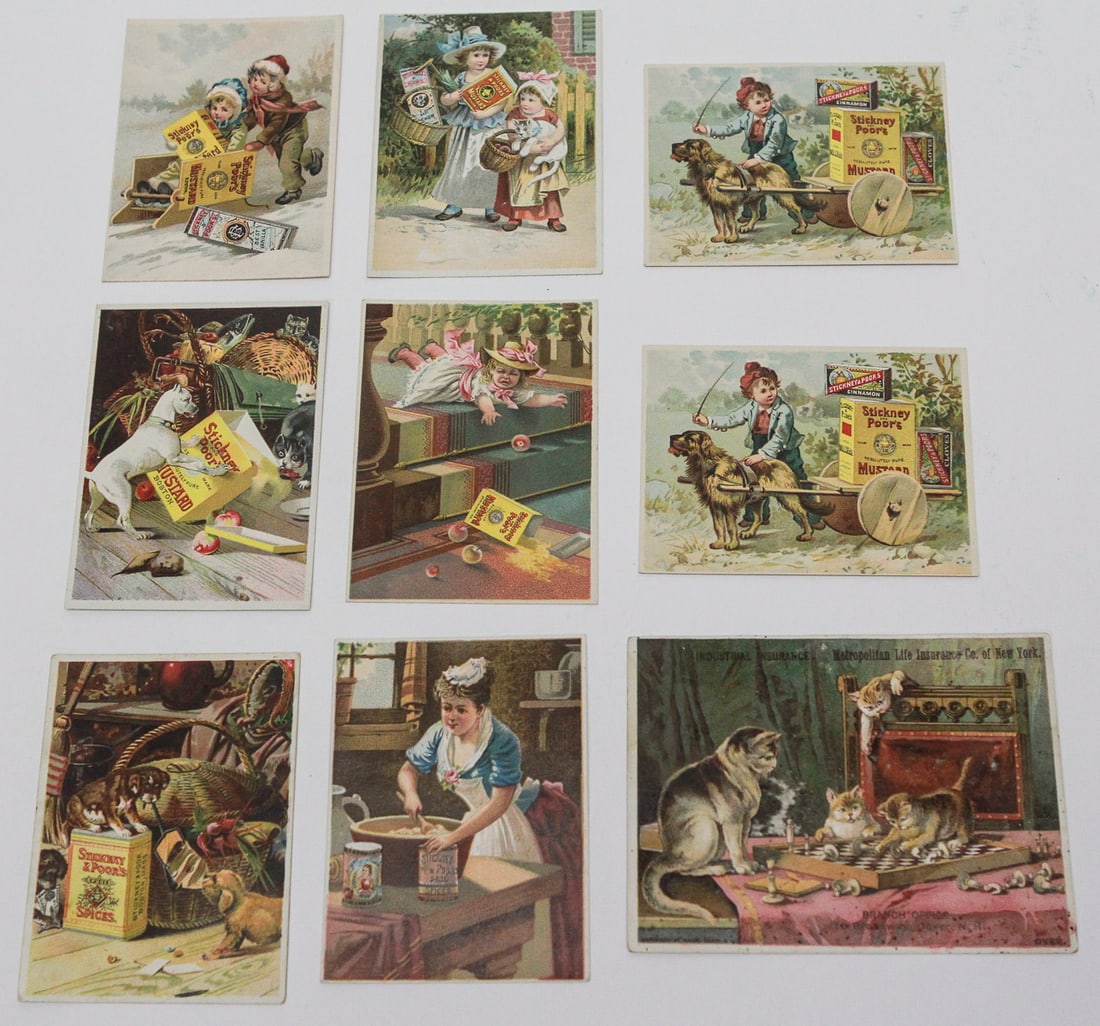 Lot of 9 Victorian Advertising Trade Cards: Collection of nine late 19th-century chromolithographed advertising cards, including eight Stickney & Poor’s Mustards, Spices and Extracts cards and one Metropolitan Life Insurance Co. card. Colorfu