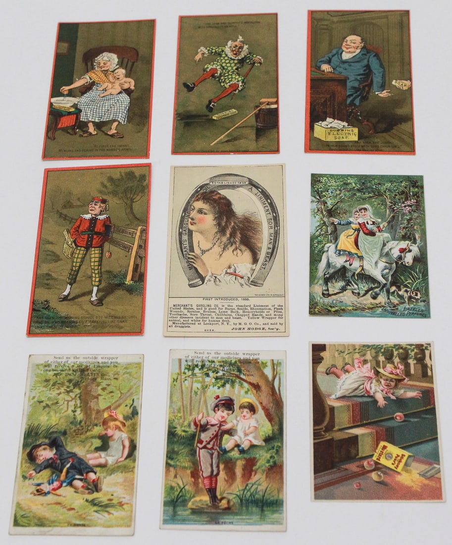 Lot of 9 Victorian Advertising Trade Cards: Collection of nine late 19th-century chromolithographed trade cards advertising Dobbins’ Electric Soap, Merchant’s Gargling Oil, Melvin’s Vegetable Pills and Nerve Liniment, Lazell’s Perfumes,