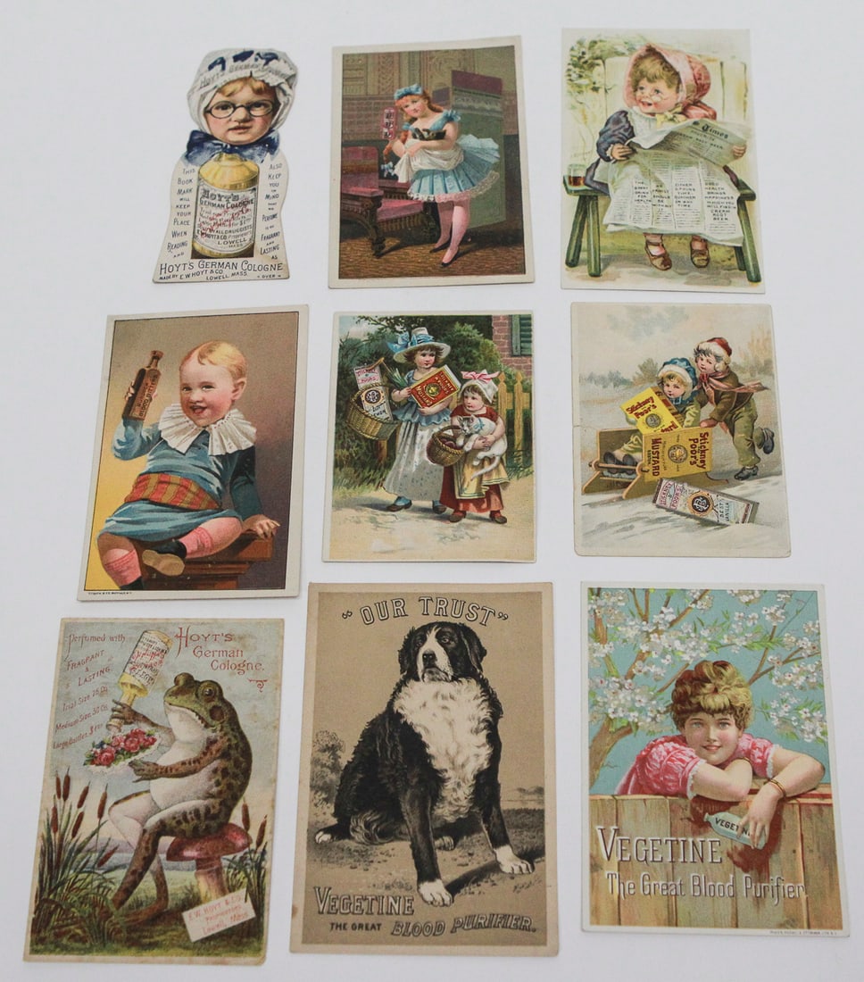 Lot of 9 Victorian Advertising Trade Cards: Collection of nine late 19th-century chromolithographed advertising cards, including Hoyt’s German Cologne and Rubifoam, Vegetine Blood Purifier, Stickney & Poor’s Mustards, Favorite Cream Root Be
