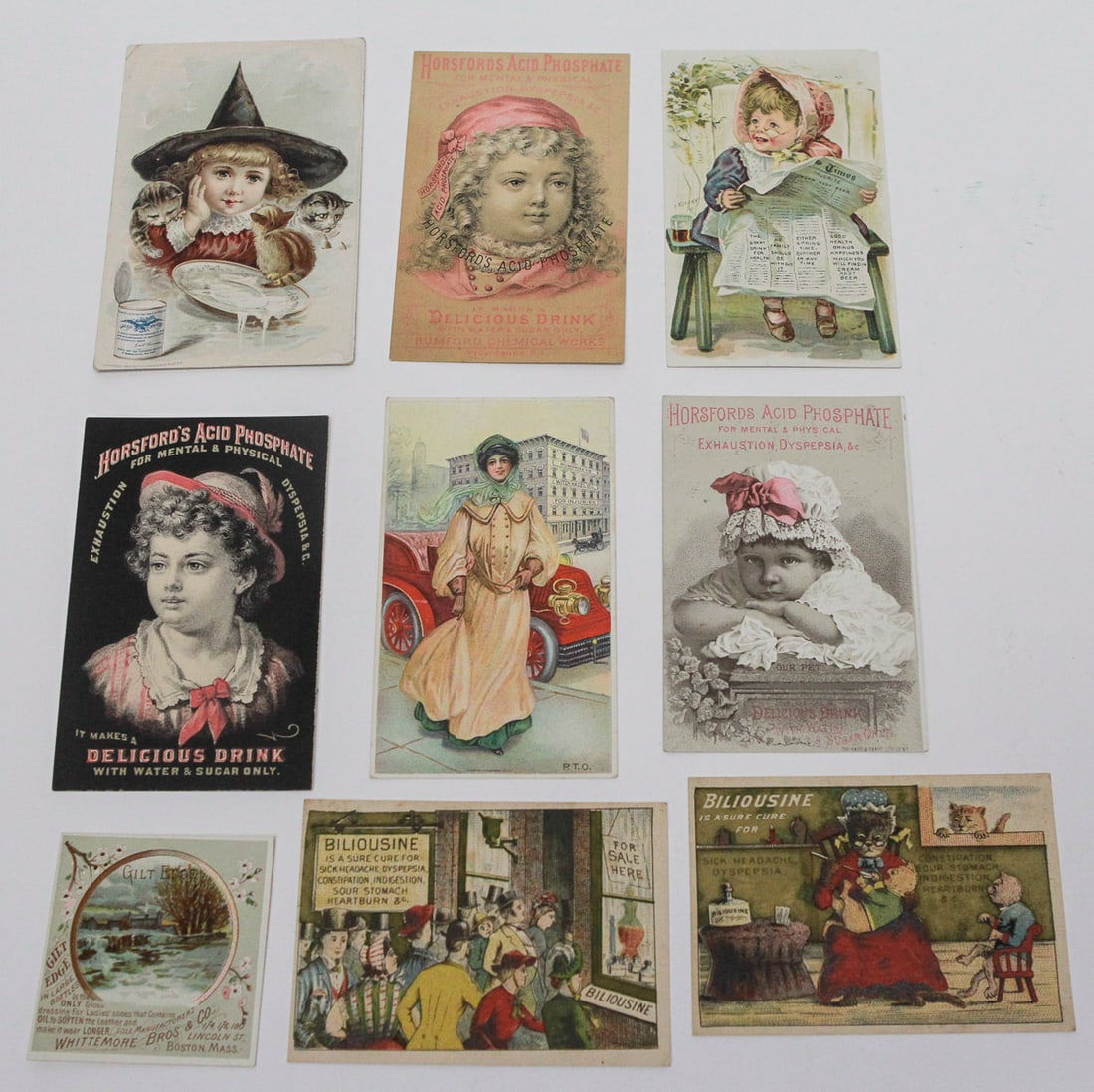 Lot of 9 Victorian Medicine and Advertising Trade Cards: Collection of nine late 19th-century chromolithographed trade cards, including Gail Borden Eagle Brand Condensed Milk, Horsford’s Acid Phosphate, Biliousine, Humphreys’ Witch Hazel Oil, Favorite C