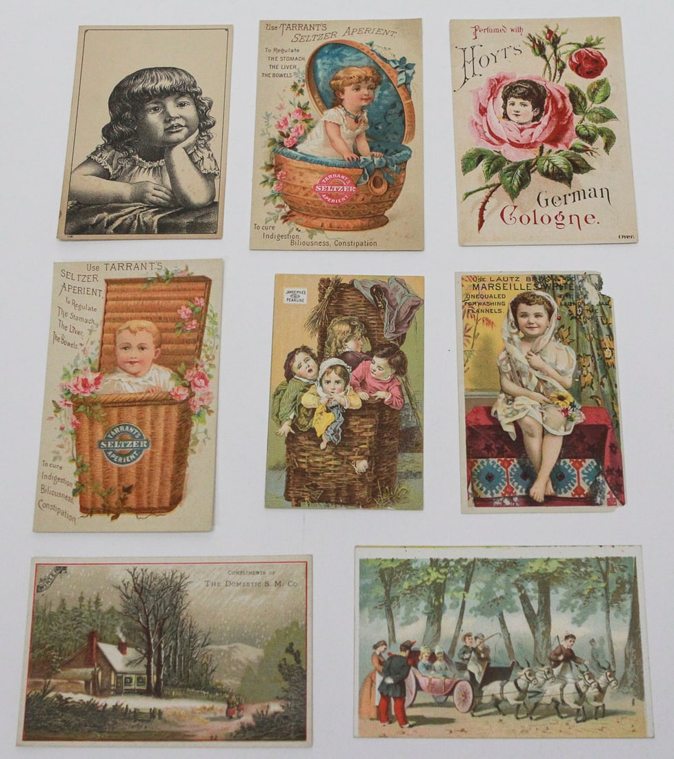 Lot of 8 Victorian Advertising Trade Cards: Collection of eight late 19th-century chromolithographed trade cards advertising Tarrant’s Seltzer Aperient, Hoyt’s German Cologne, Lautz Bros. Marseille White Soap, Pearline Soap, Domestic Sewing