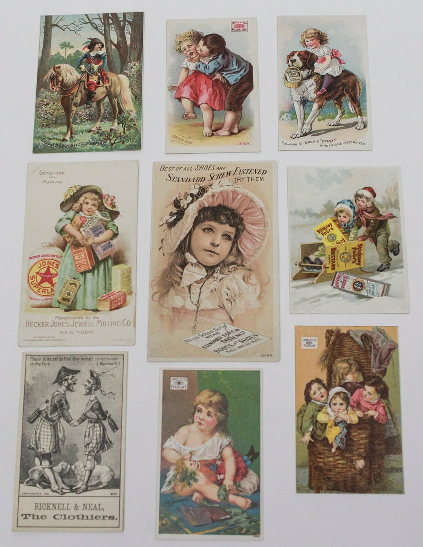 Lot of 9 Victorian Advertising Trade Cards: Collection of nine late 19th-century chromolithographed trade cards advertising James Pyle’s Pearline Washing Compound, Lazell’s Perfumes, Hecker-Jones-Jewell Milling Co., Standard Screw Fastened 