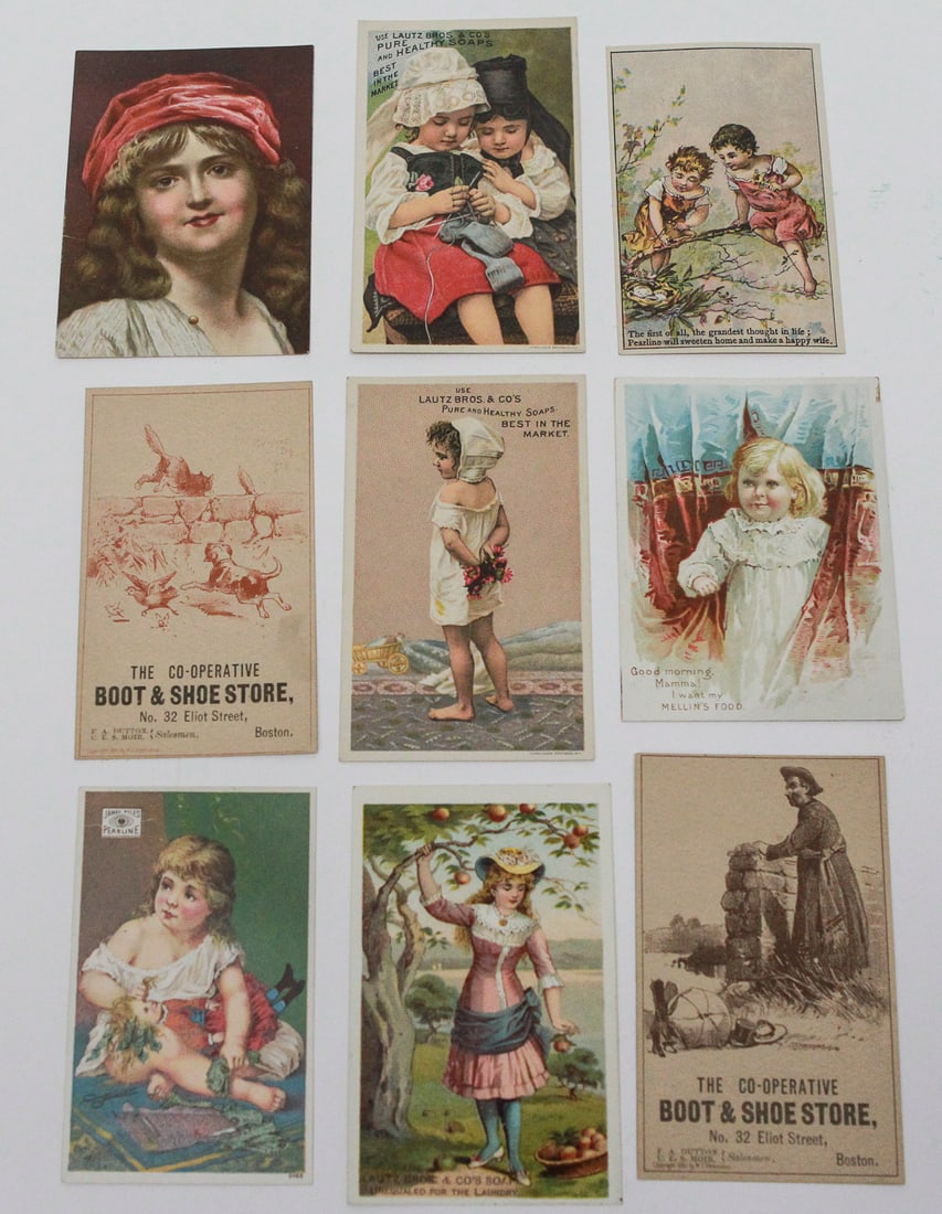 Lot of 9 Victorian Advertising Trade Cards: Collection of nine late 19th-century chromolithographed trade cards advertising Lautz Bros. Soap, James Pyle’s Pearline, Mellin’s Food, Co-Operative Boot & Shoe Store, and H. A. Wallingford & Co. 