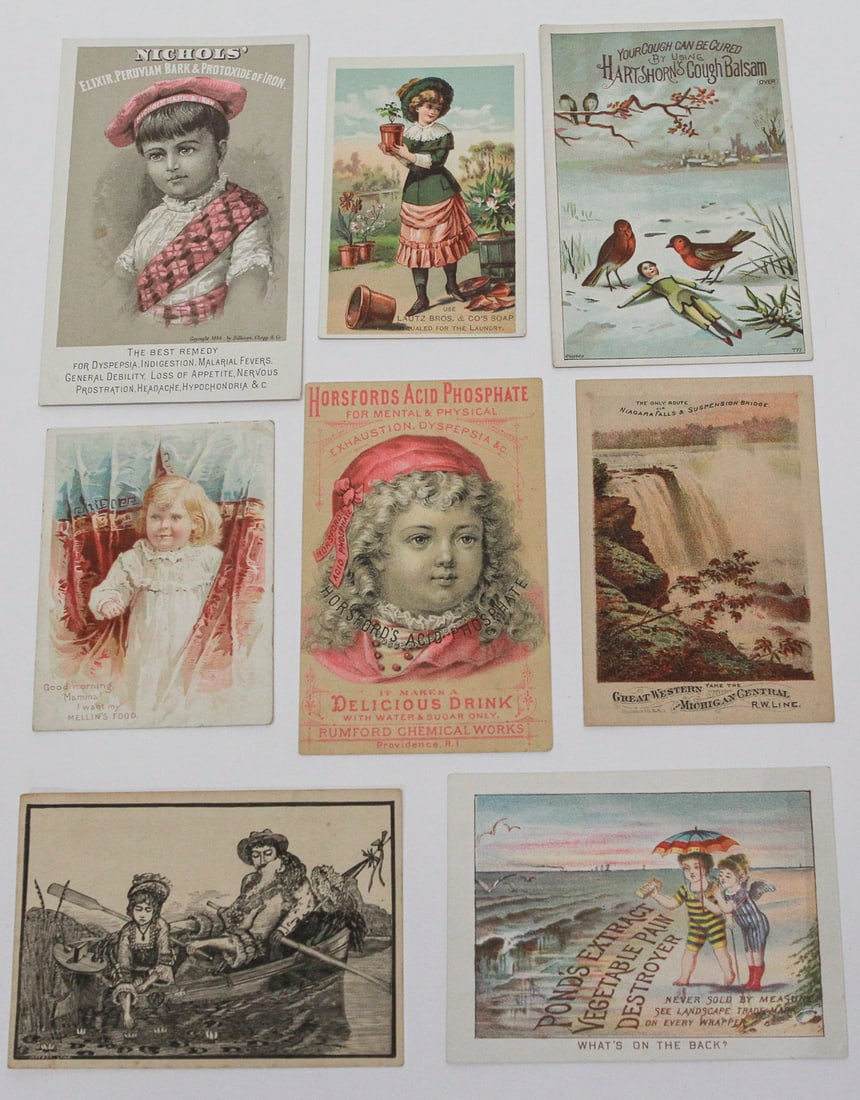 Lot of 8 Victorian Advertising Trade Cards: Collection of eight late 19th-century chromolithographed trade cards advertising Nichols’ Bark and Iron, Lautz Bros. Soap, Hartshorn’s Cough Balsam, Mellin’s Food, Horsford’s Acid Phosphate, P