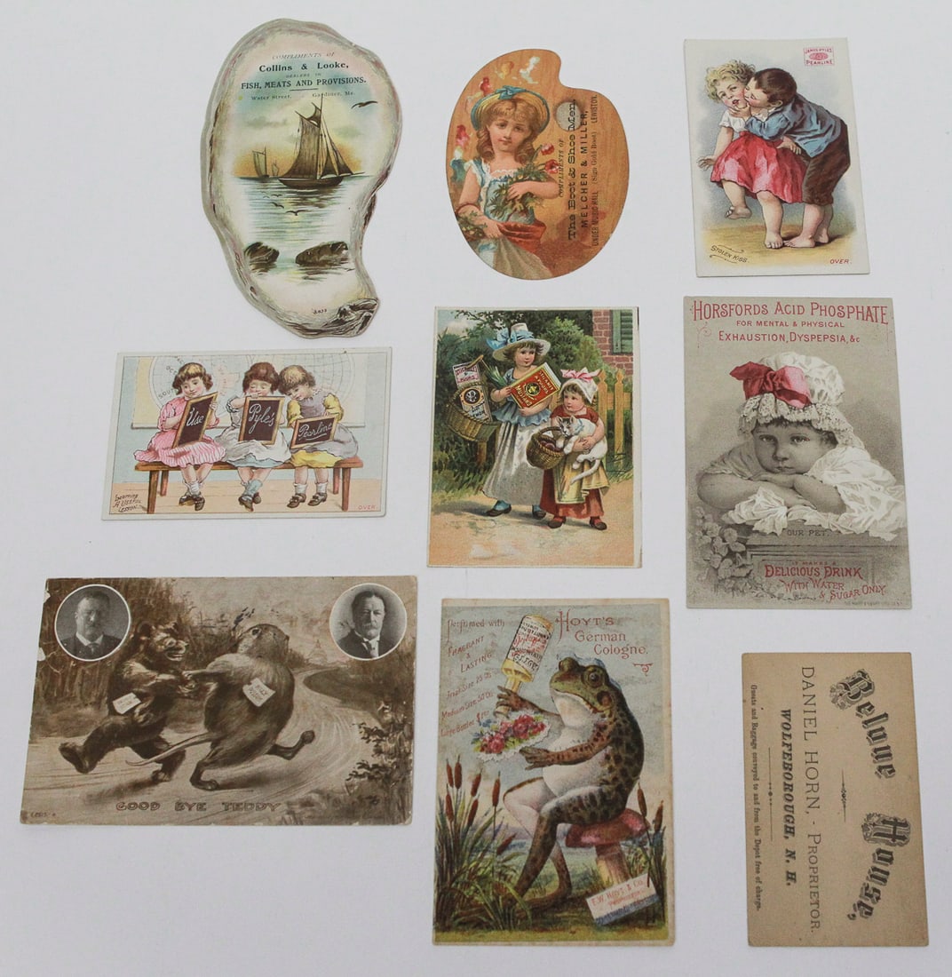 Lot of 9 Antique Advertising and Novelty Cards: Collection of nine late 19th- to early 20th-century cards advertising Pearline, Hoyt’s German Cologne, Horsford’s Acid Phosphate, Stickney & Poor’s Mustards, Bellevue House, Collins & Looke Prov
