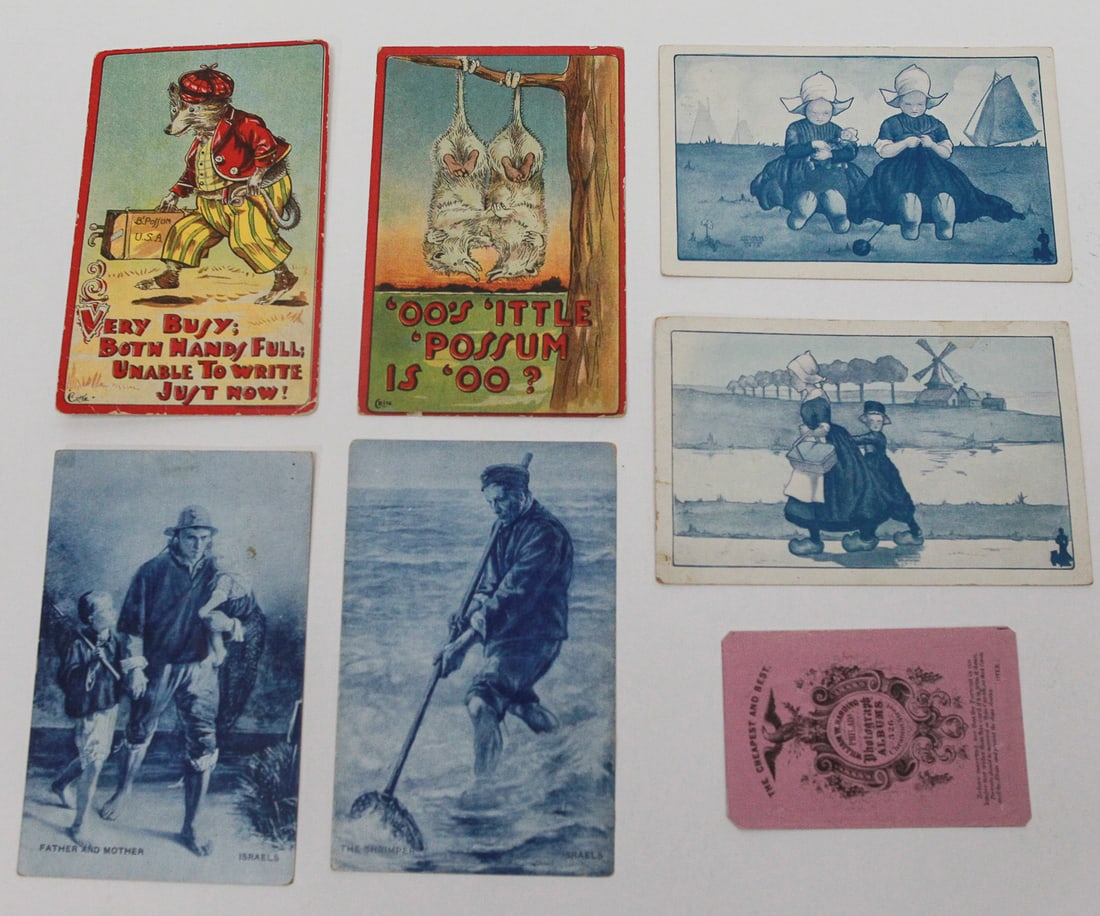 Lot of 7 Antique Illustrated and Advertising Postcards: Collection of seven early 20th-century postcards and advertising cards, including comic animal cards with period dialect humor, Dutch children advertising Walk-Over Shoes, two blue-toned works after J