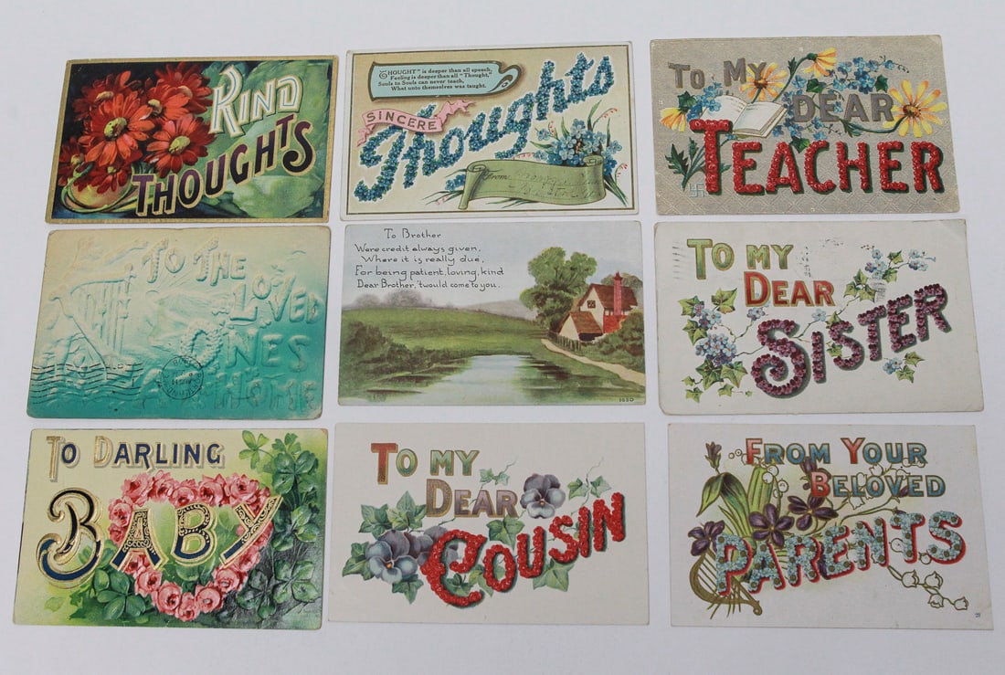 Lot of 9 Antique Family and Friendship Postcards: Collection of nine early 20th-century embossed and floral greeting postcards addressed to a teacher, sister, cousin, brother, baby, parents, and other loved ones. Several are postally used with period