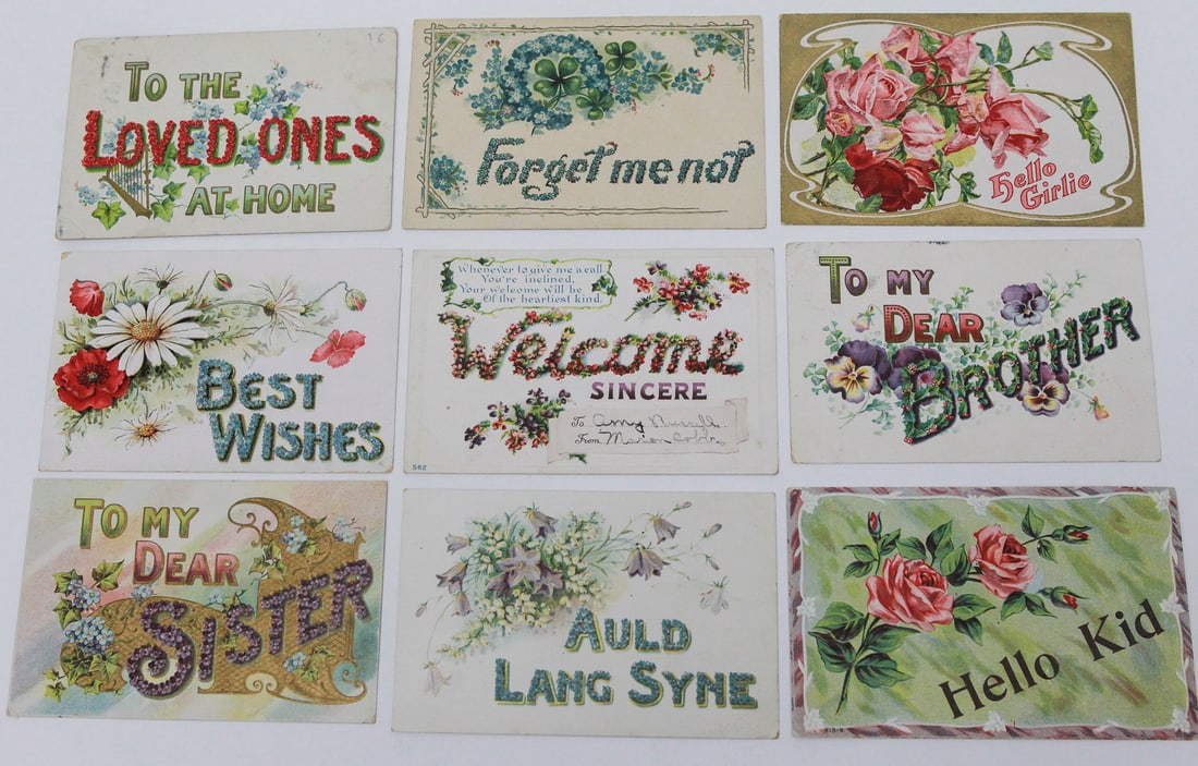Lot of 9 Antique Floral Greeting Postcards: Collection of nine early 20th-century embossed and floral greeting postcards with messages for loved ones, friends, a brother, and a sister. Includes “Forget Me Not,” “Welcome,” “Bes