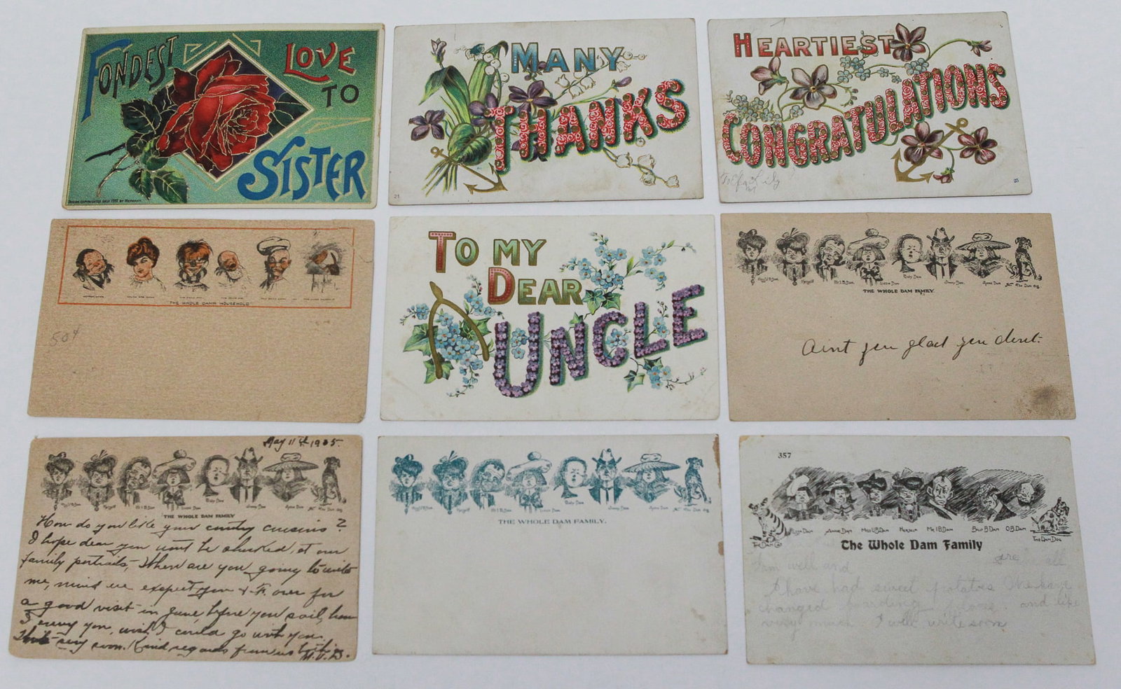 Lot of 9 Antique Greeting and Comic Postcards: Collection of nine early 20th-century postcards, including floral greetings for a sister and uncle, “Many Thanks” and “Congratulations” cards, and five humorous “The Whole Dam Family