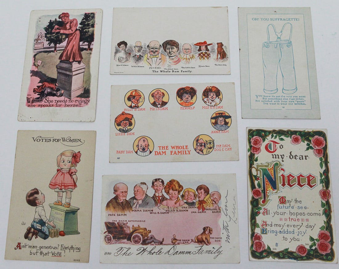 Lot of 7 Antique Women’s Suffrage and Comic Postcards: Collection of seven early 20th-century postcards, including three women’s suffrage and anti-suffrage designs, three humorous “The Whole Dam Family” cards, and a floral greeting to a niece. S