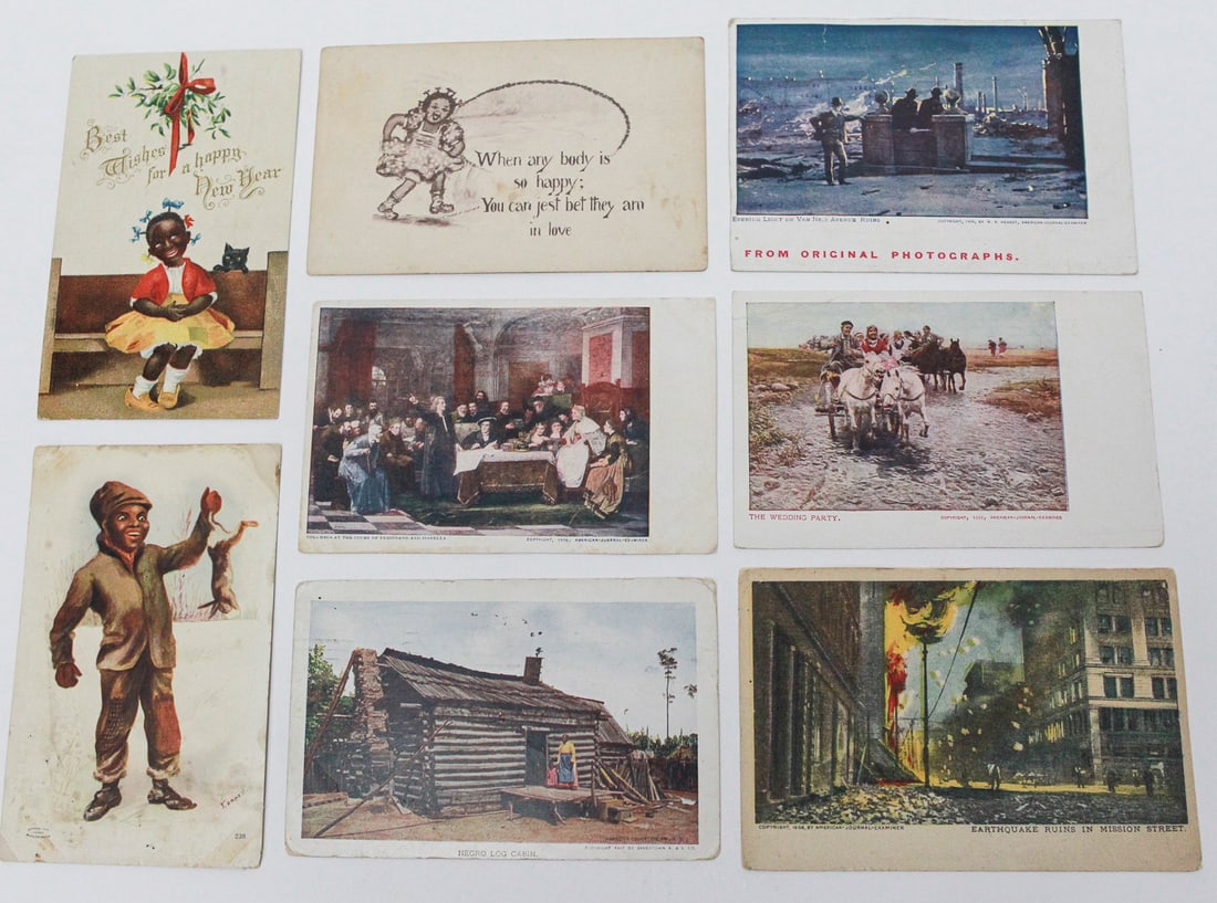 Lot of 9 Antique Leap Year and Novelty Cards: Collection of nine late 19th- to early 20th-century postcards and ephemera, including six humorous Leap Year and courtship cards, a period racial caricature postcard, Harding’s Family & Pulpit Bible