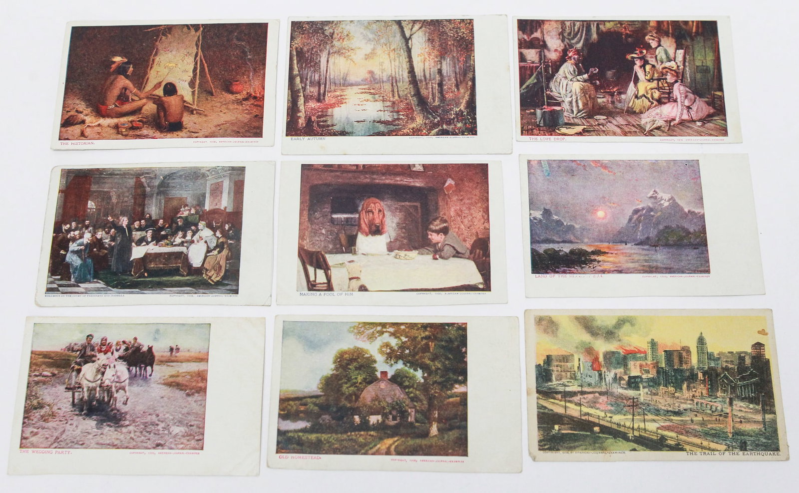 Lot of 9 American-Journal-Examiner Pictorial Postcards: Collection of nine color postcards issued in 1906 as supplements to the American-Journal-Examiner and Hearst’s Boston Sunday American. Subjects include “The Trail of the Earthquake,” Native 