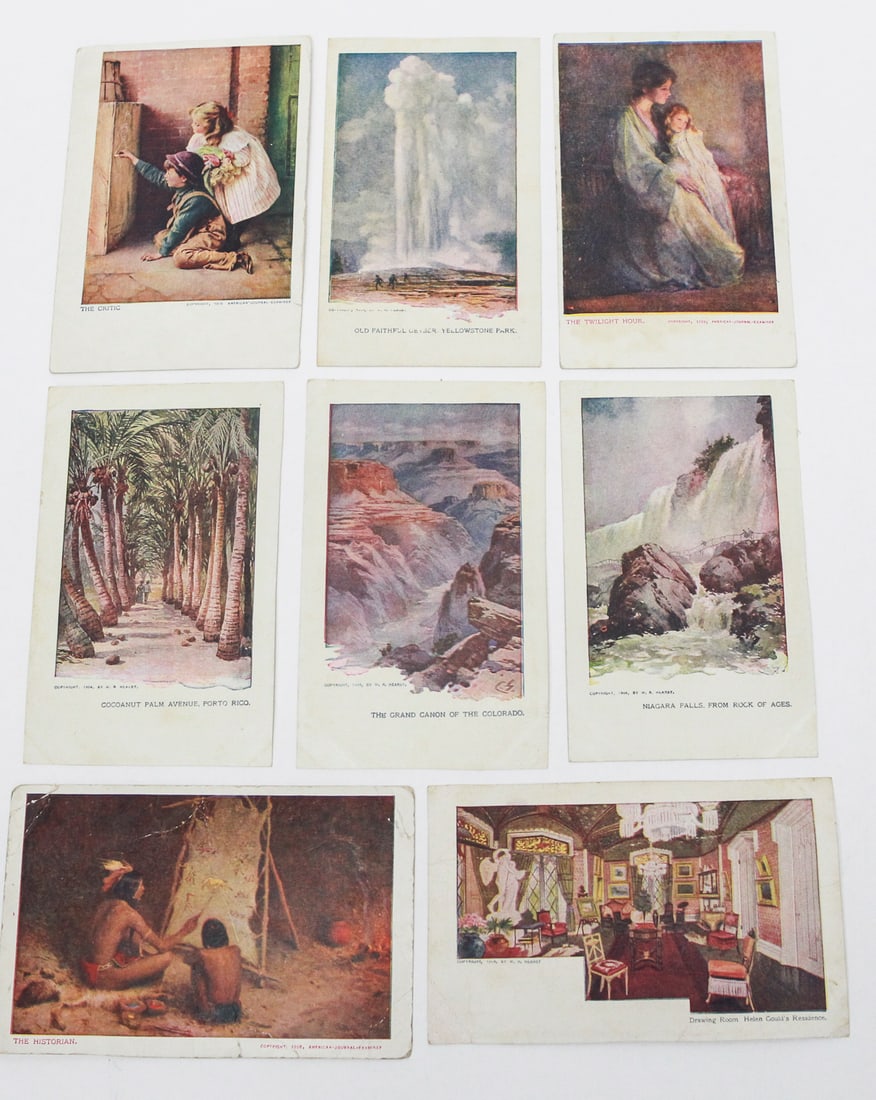 Lot of 8 New York Sunday American Pictorial Postcards: Collection of eight early 20th-century color postcards issued as supplements to the New York Sunday American and American-Journal-Examiner. Subjects include Old Faithful, Grand Canyon, Niagara Falls, 