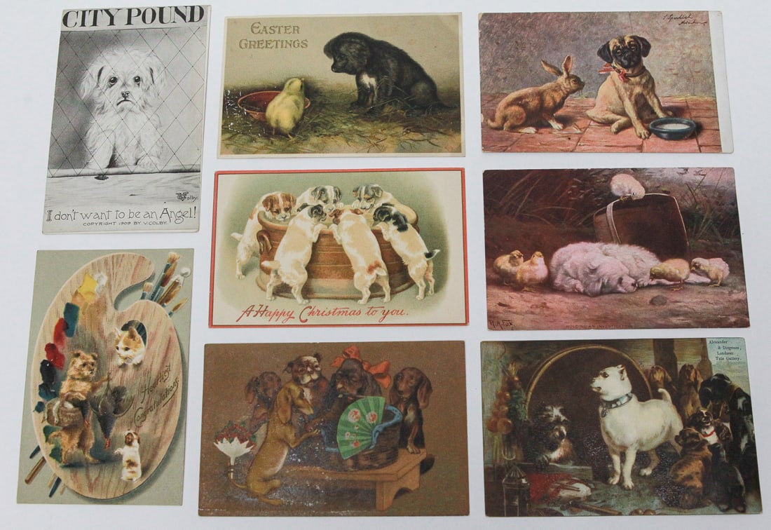 Eight Antique Animal Postcards, c. 1908–1915: Group of eight antique color and monochrome postcards depicting dogs, cats, rabbits, and chicks, including Easter and Christmas greetings, humorous subjects, and reproductions after animal paintings. 