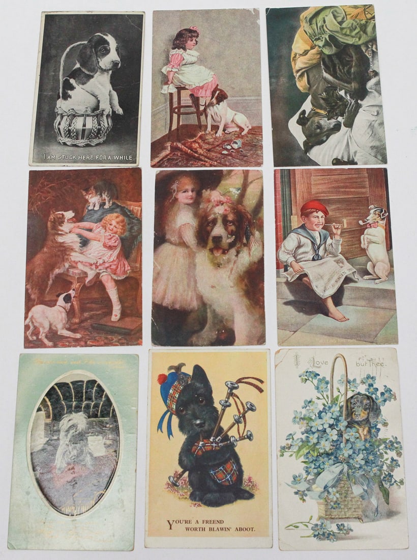 Nine Vintage Dog Postcards, Early 20th Century: Group of nine vintage color and monochrome postcards featuring dogs, children, cats, humorous scenes, and sentimental greetings. Includes examples published by Raphael Tuck & Sons and German printers.