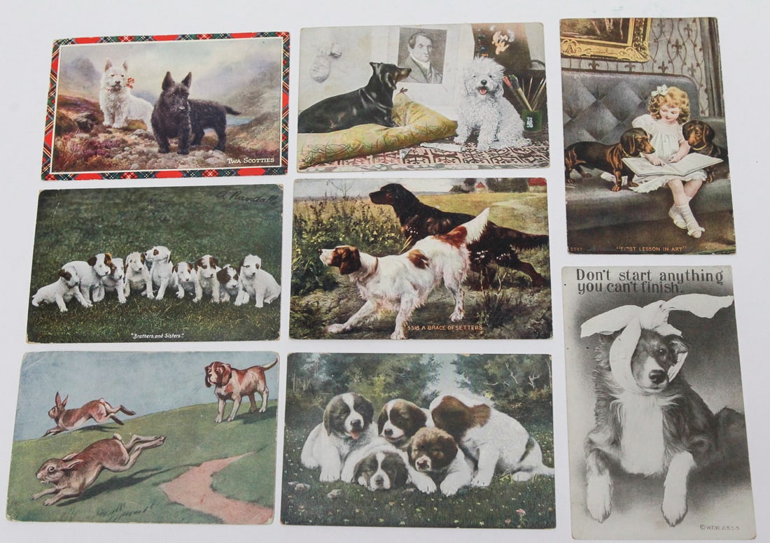 Lot of 8 Vintage Dog Postcards, Early to Mid-20th Century: Lot of eight vintage color and monochrome postcards featuring Scottish terriers, setters, dachshunds, puppies, and humorous dog scenes, including “Twa Scotties,” “A Brace of Setters,” 
