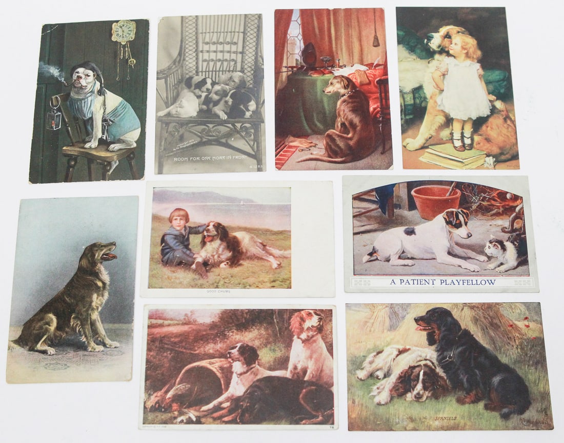Lot of 8 Vintage Dog Postcards, Early 20th Century: Lot of eight vintage color and monochrome postcards depicting dogs, puppies, children with dogs, and humorous animal scenes. Includes examples published by Raphael Tuck & Sons, Rotograph Company, and 