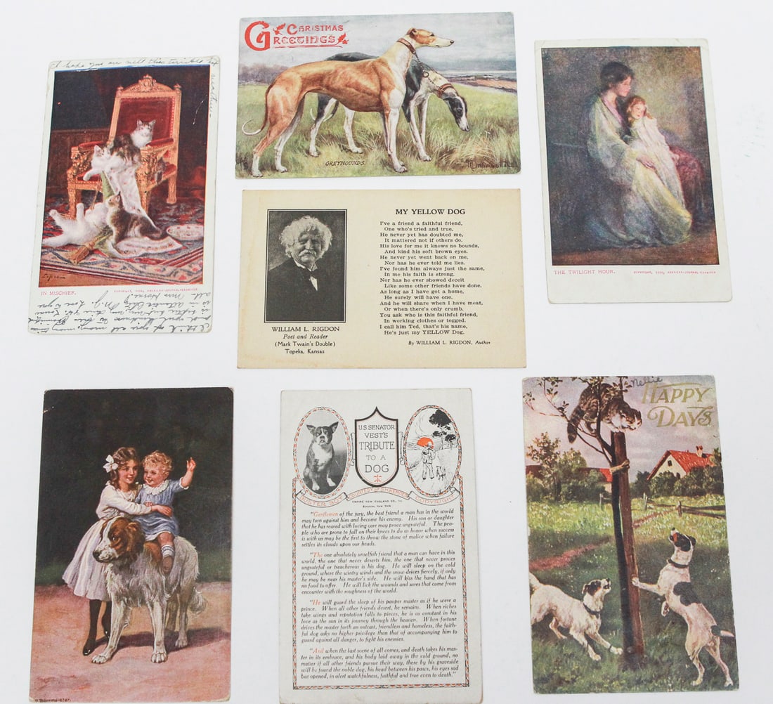 Lot of 7 Vintage Animal and Sentimental Postcards: Lot of seven vintage color and printed postcards featuring dogs, cats, children, holiday greetings, and sentimental subjects. Includes greyhounds, a St. Bernard, “My Yellow Dog” by William L. 