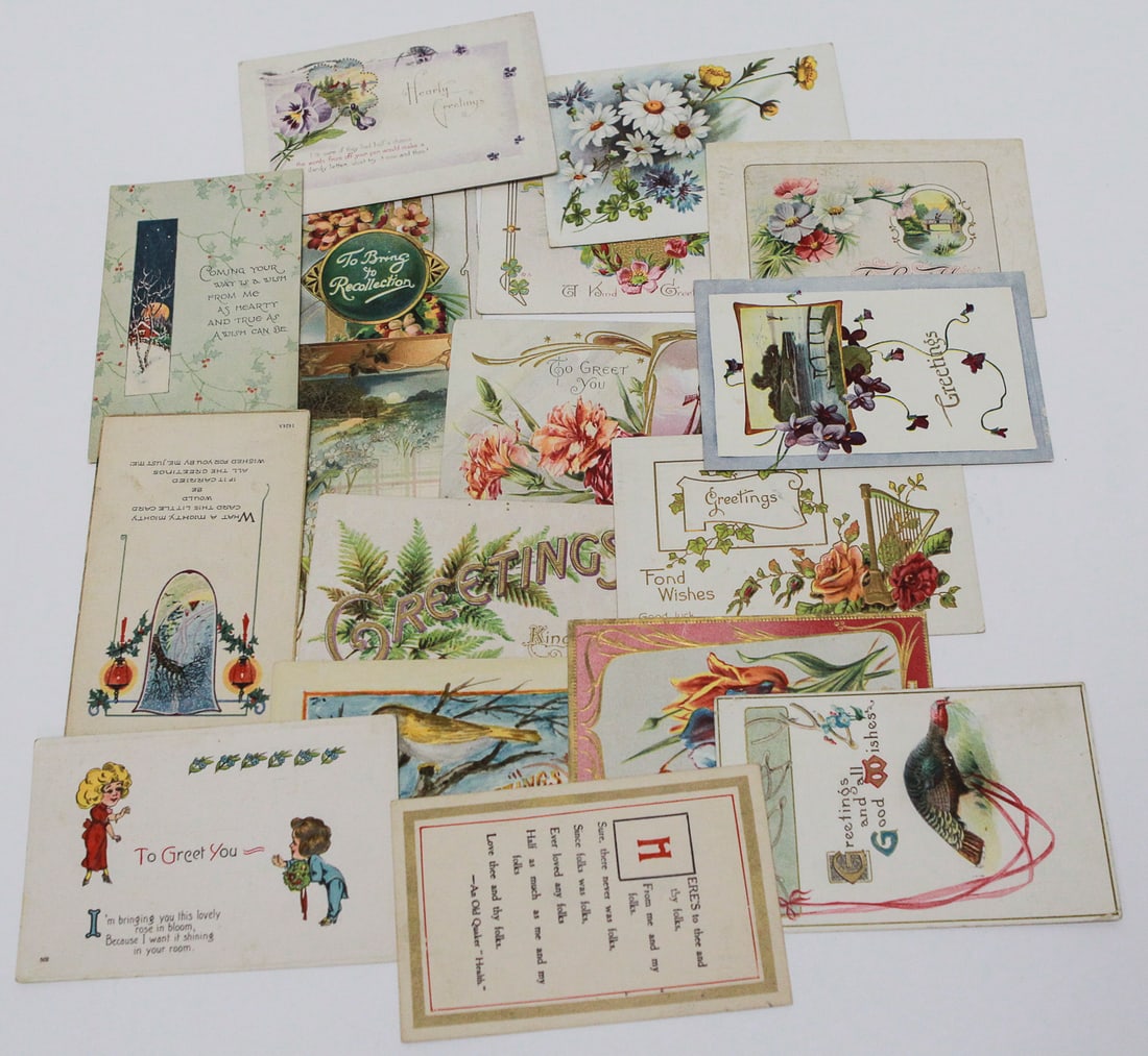 Lot of 17 Vintage Greeting Postcards: Lot of seventeen vintage color postcards featuring floral designs, birds, landscapes, sentimental verses, and general greetings. Several are postally used with handwritten messages, stamps, and early 