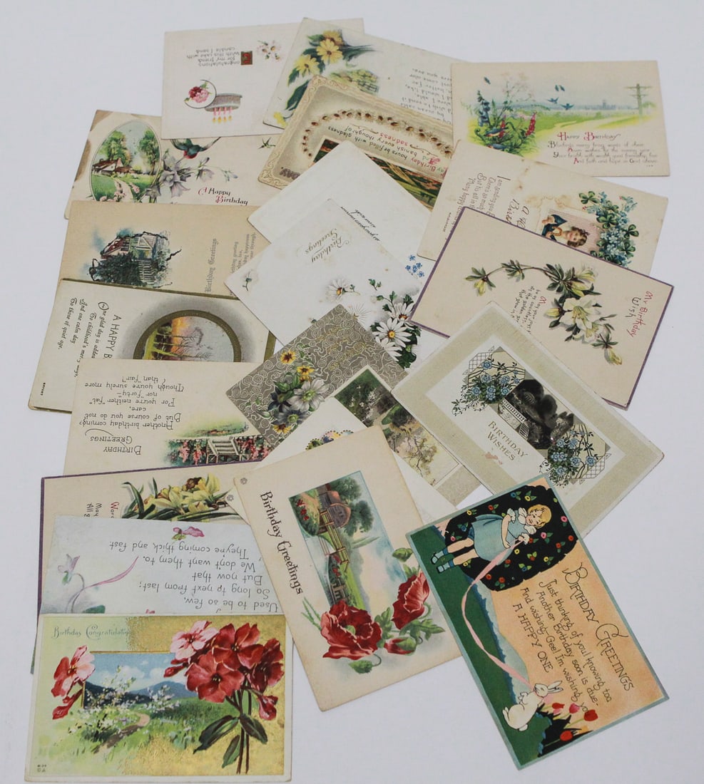 Lot of 18 Vintage Birthday Postcards: Lot of eighteen vintage color postcards featuring birthday greetings, floral designs, landscapes, sentimental verses, and whimsical illustrations. Several are postally used with handwritten messages, 